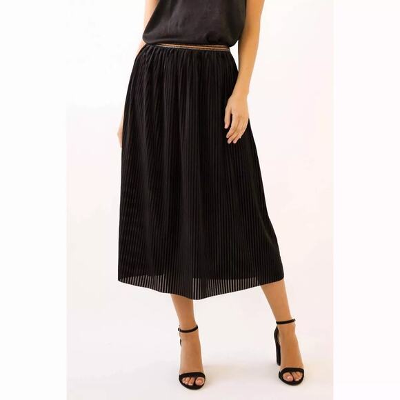 NWT Mystree Black Ribbed Velvet Midi Metallic A-Line Skirt Women'sL